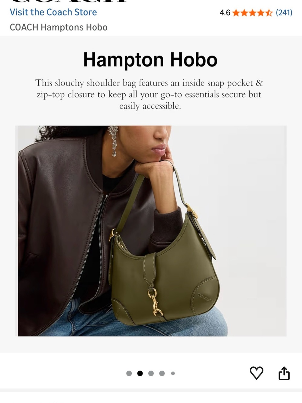 Coach Hamptons Hobo in Olive Green Leather with Gold Hardware - Picture 2 of 8